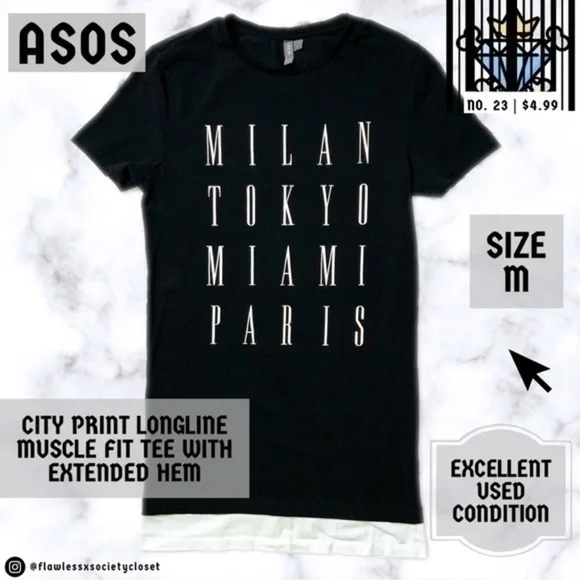 ASOS MEN CITY TEXT PRINT LONGLINE MUSCLE FIT TEE SIZE MEDIUM STREETWEAR SLIM FIT - Picture 2 of 5